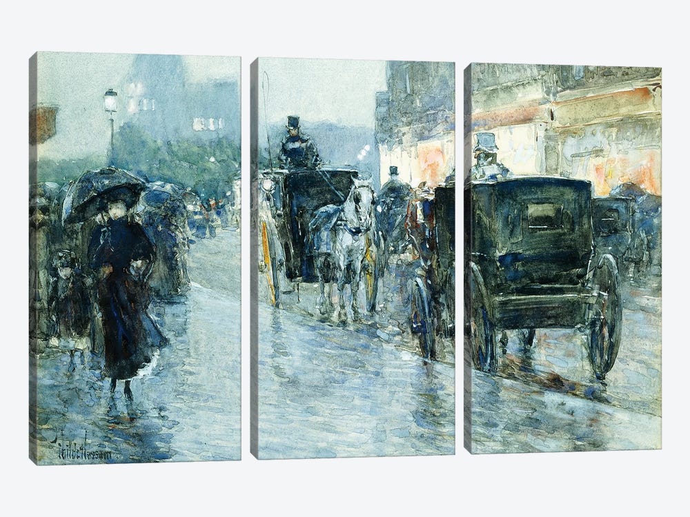Horse Drawn Cabs at Evening, New York,  by Childe Hassam 3-piece Canvas Art Print