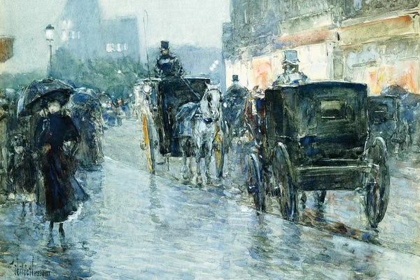Childe Hassam: Horse Drawn Cabs at Evening, New York,  by Childe Hassam