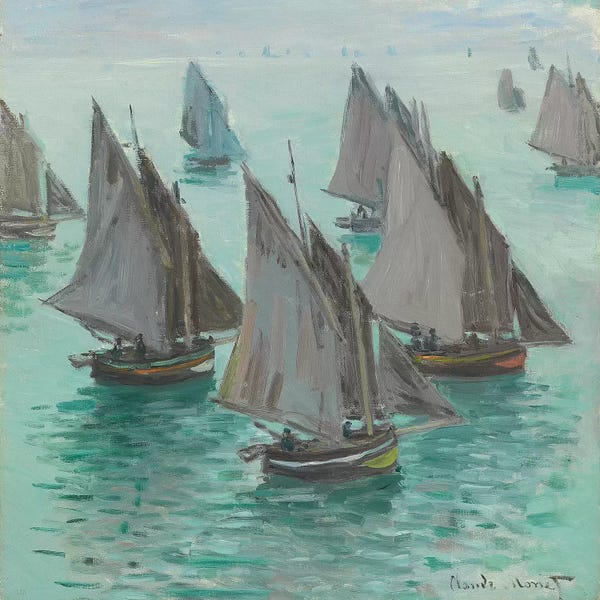 All Things Monet: Fishing Boats, Calm Sea, 1868  by Claude Monet