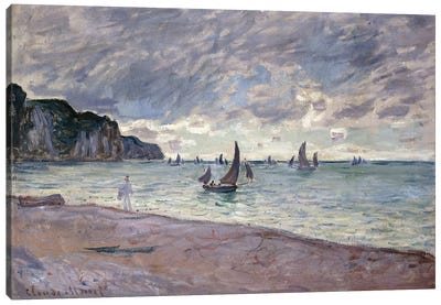 Fishing Boats in front of the Beach and Cliffs of Pourville, 1882  Canvas Art Print - Impressionism Art