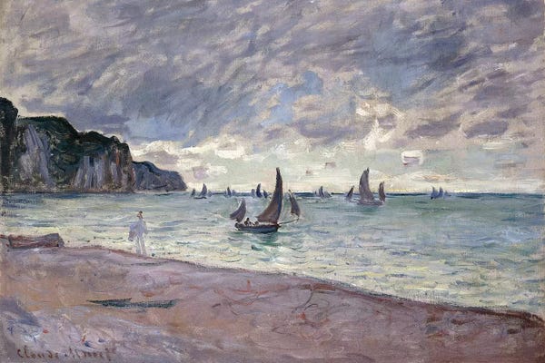 Claude Monet: Fishing Boats in front of the Beach and Cliffs of Pourville, 1882  by Claude Monet