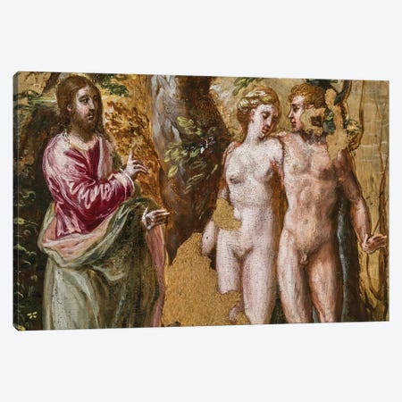 In Zoom, Adam And Eve Facing The Eternal Father, (Back Side Of Left Panel From El Greco's Portable Altar) Canvas Print #BMN6142} by El Greco Canvas Art