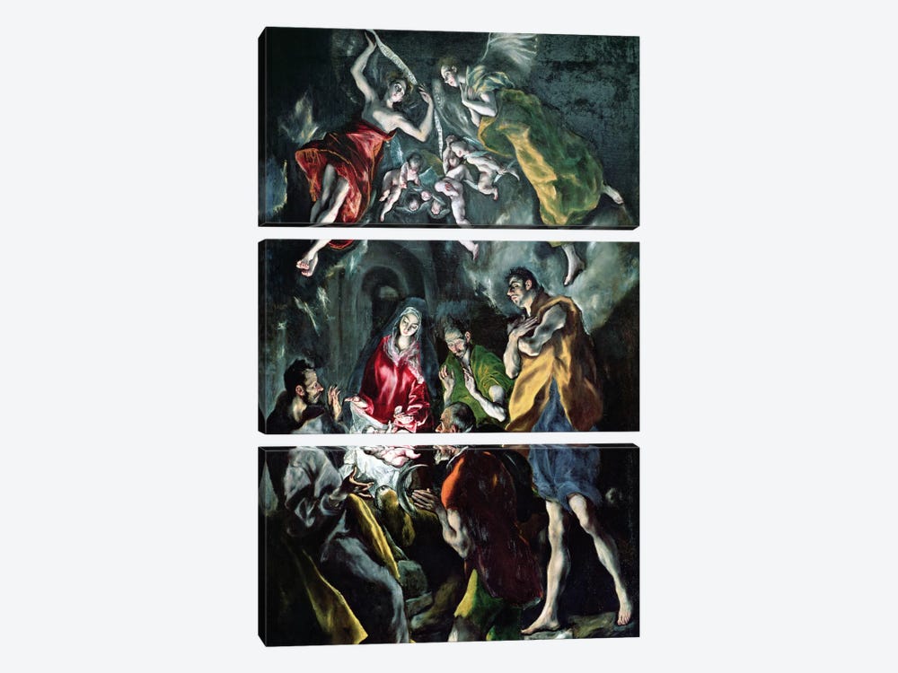 The Adoration Of The Shepherds (The Original Santo Domingo el Antiguo Altarpiece), c.1603-14 (Museo del Prado) by El Greco 3-piece Canvas Wall Art