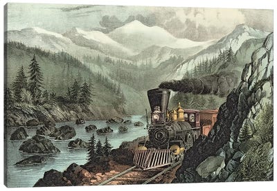 The Route to California. Truckee River, Sierra Nevada. Central Pacific railway, 1871  Canvas Art Print - Railroads