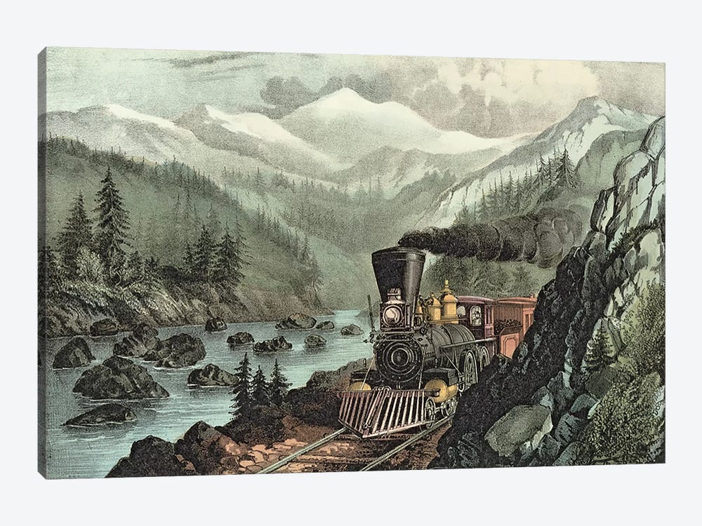 The Route to California. Truckee River, Sierra Nevada. Central Pacific railway, 1871  by N. Currier 1-piece Canvas Print