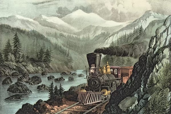 Railroads: The Route to California. Truckee River, Sierra Nevada. Central Pacific railway, 1871  by N. Currier