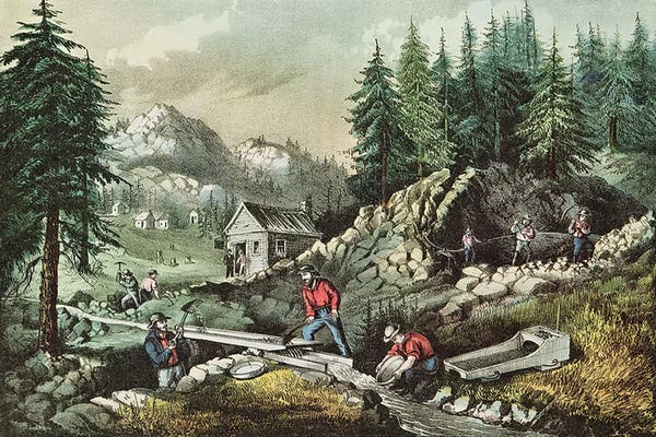 Evergreen Trees: Goldmining in California, 1871  by N. Currier