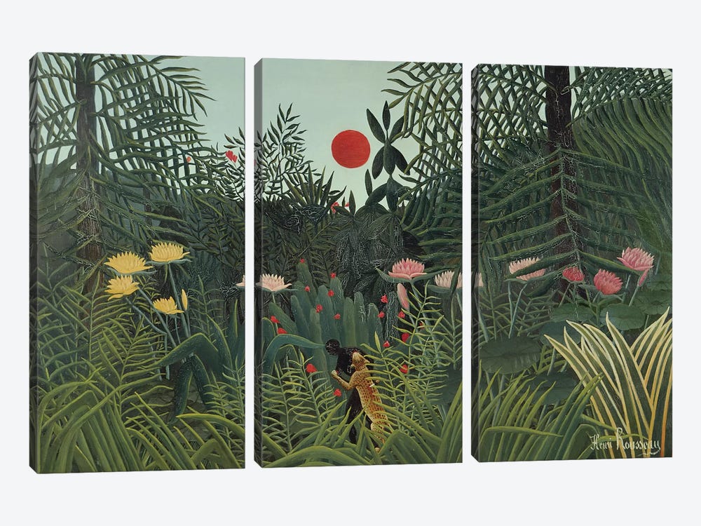 Attacked By A Jaguar (Jungle Sunset), 1910 by Henri Rousseau 3-piece Canvas Art Print