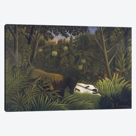 Tiger Attacking A Horse And A Sleeping Black Man Canvas Print #BMN6337} by Henri Rousseau Canvas Artwork