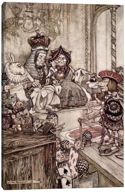 Knave Before The King And Queen Of Hearts (Illustration from Lewis Carroll's Alice's Adventures In Wonderland), 1907 Canvas Art Print - Arthur Rackham