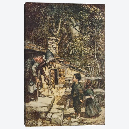 All At Once The Door Opened And An Old, Old Woman, Supporting Herself On a Crutch, Came Hobbling Out (The Brothers Grimm), 1909 Canvas Print #BMN6363} by Arthur Rackham Canvas Wall Art