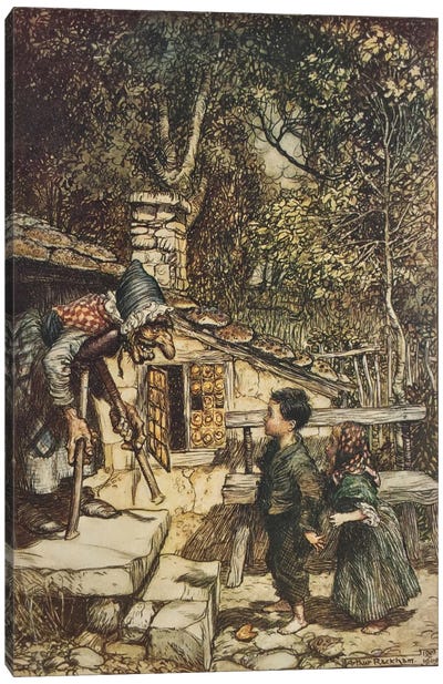 All At Once The Door Opened And An Old, Old Woman, Supporting Herself On a Crutch, Came Hobbling Out (The Brothers Grimm), 1909 Canvas Art Print - Arthur Rackham