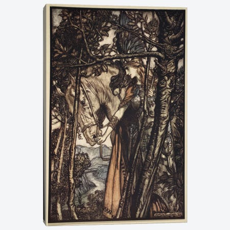 Brunnhilde Slowly And Silently Leads Her Horse Down The Path To The Cave (Richard Wagner's The Rhinegold & The Valkyrie), 1910 Canvas Print #BMN6366} by Arthur Rackham Canvas Art Print