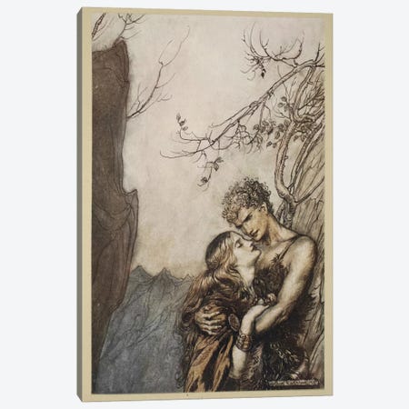 Brunnhilde Throws Herself Into Siegfried's Arms (Illustration From Richard Wagner's Siegfried And The Twilight Of The Gods) Canvas Print #BMN6369} by Arthur Rackham Canvas Wall Art