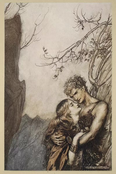 Arthur Rackham: Brunnhilde Throws Herself Into Siegfried's Arms (Illustration From Richard Wagner's Siegfried And The Twilight Of The Gods) by Arthur Rackham