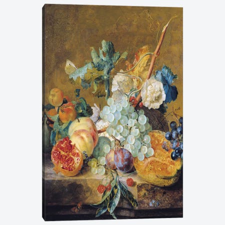 Flowers And Fruit Canvas Print #BMN6386} by Jan van Huysum Canvas Art Print
