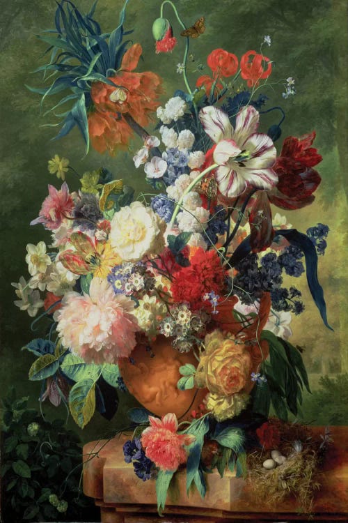 Still Life Of Flowers And A Bird's Nest On A Pedestal