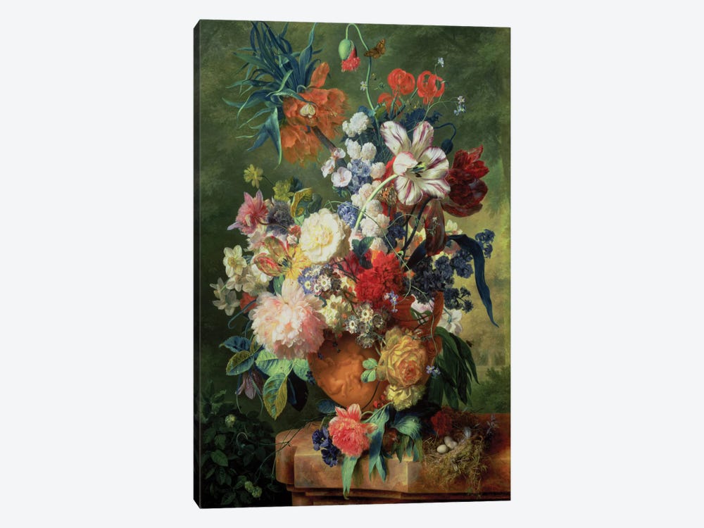 Still Life Of Flowers And A Bird's Nest On A Pedestal by Jan van Huysum 1-piece Canvas Art