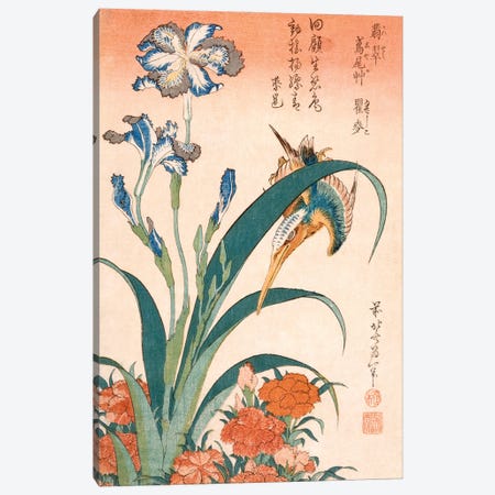Kingfisher With Irises And Pinks Canvas Print #BMN6395} by Katsushika Hokusai Canvas Wall Art