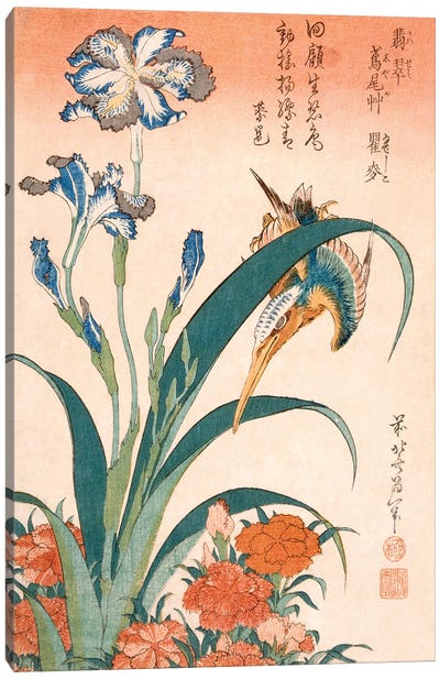 Kingfisher With Irises And Pinks Canvas Art Print - Katsushika Hokusai