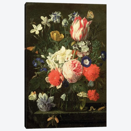 Rose, Tulip, Morning Glory And Other Flowers In A Glass Vase On A Stone Ledge Canvas Print #BMN6400} by Nicholaes van Verendael Canvas Print