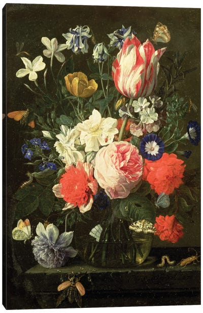 Rose, Tulip, Morning Glory And Other Flowers In A Glass Vase On A Stone Ledge Canvas Art Print