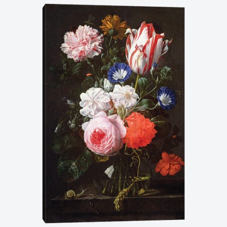 Still Life Of Roses, A Carnation, Convolvulus And A Tulip In A Glass Vase Canvas Print #BMN6401} by Nicholaes van Verendael Art Print