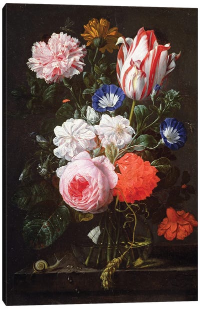Still Life Of Roses, A Carnation, Convolvulus And A Tulip In A Glass Vase Canvas Art Print