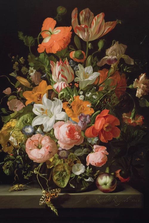 Still Life Of Roses, Lilies, Tulips And Other Flowers In a Glass Vase With A Brindled Beauty On A Stone Ledge