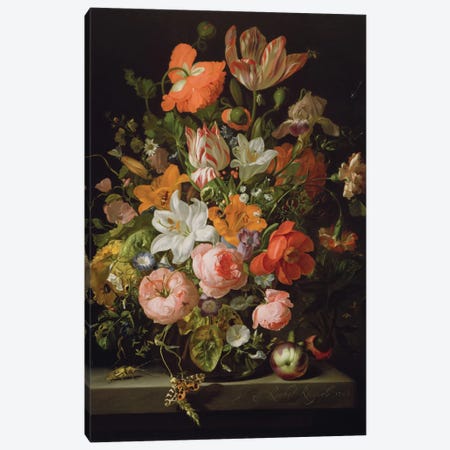 Still Life Of Roses, Lilies, Tulips And Other Flowers In a Glass Vase With A Brindled Beauty On A Stone Ledge Canvas Print #BMN6405} by Rachel Ruysch Canvas Art