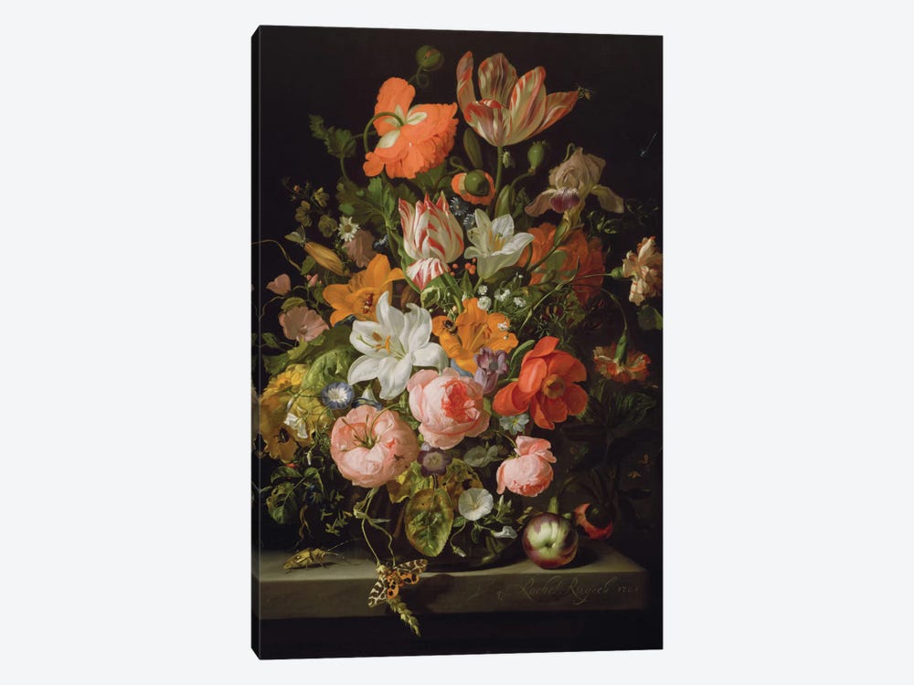 Still Life Of Roses, Lilies, Tulips And Other Flowers In a Glass Vase With A Brindled Beauty On A Stone Ledge by Rachel Ruysch 1-piece Canvas Print