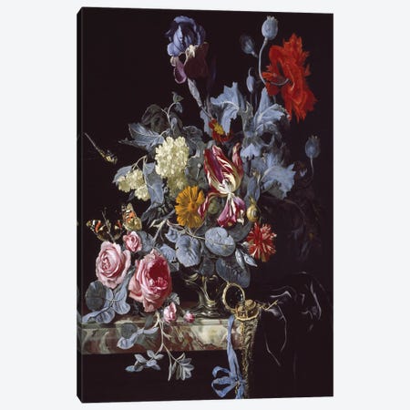 A Vase Of Flowers With A Watch Canvas Print #BMN6410} by Willem van Aelst Canvas Wall Art