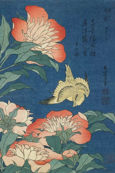 Ukiyo-e: Peonies And Canary, c.1833 by Katsushika Hokusai