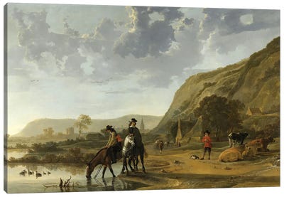 River Landscape With Riders, 1653-57 Canvas Art Print