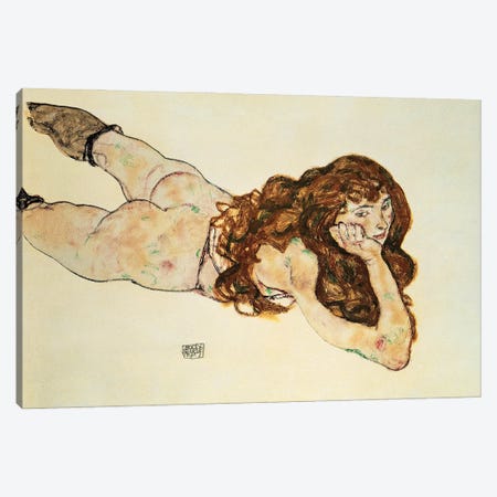 Female Nude Lying On Her Stomach Canvas Print #BMN6460} by Egon Schiele Canvas Art Print