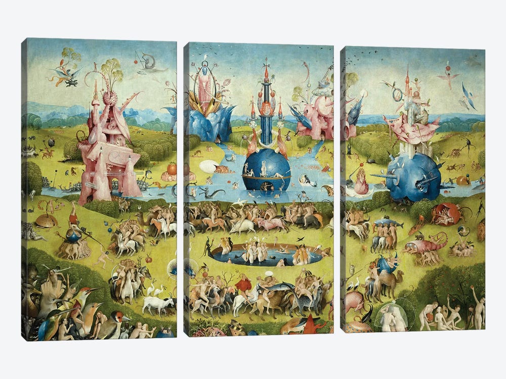 Detail Of Central Panel's Top Half, The Garden Of Earthly Delights, 1490-1500 3-piece Canvas Art Print