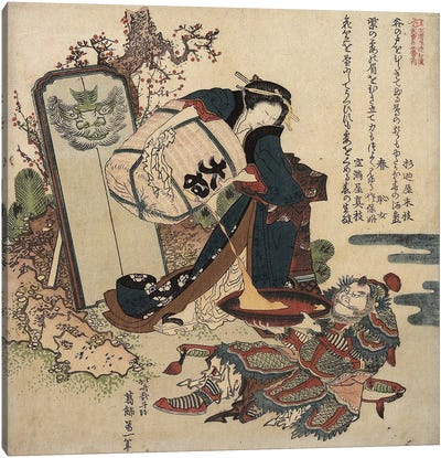 Woman Pouring Liquid From A Cask Into A Large Cup Held By A Warrior, c.1820-21 Canvas Art Print - Katsushika Hokusai