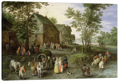 Village Landscape with Figures Preparing to Depart, 1613/1617  Canvas Art Print - Village & Town Art
