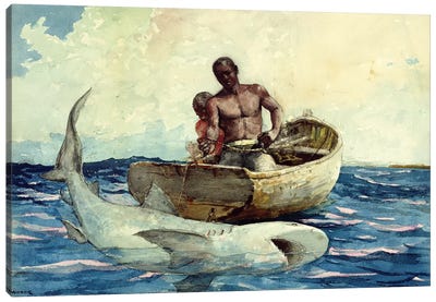 Shark Fishing, 1885 Canvas Art Print - Rowboat Art