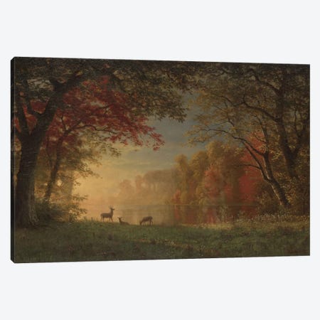 Indian Sunset: Deer By A Lake., c.1880-90 Canvas Print #BMN6537} by Albert Bierstadt Canvas Art