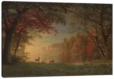 Indian Sunset: Deer By A Lake., c.1880-90 Canvas Art Print - Hudson River School Art