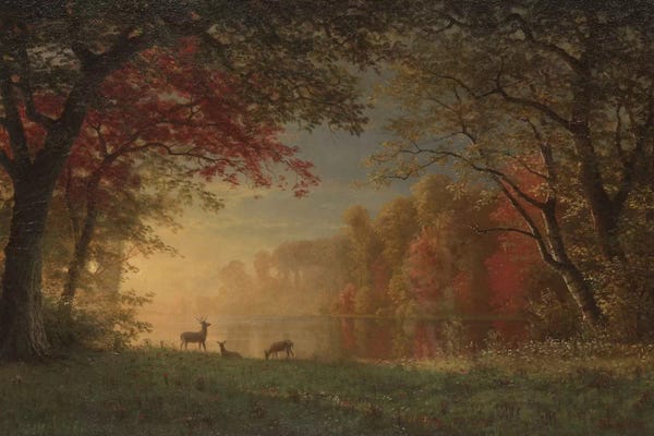 Albert Bierstadt: Indian Sunset: Deer By A Lake., c.1880-90 by Albert Bierstadt