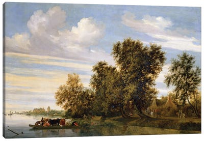 River landscape with ferry boat, 1650  Canvas Art Print