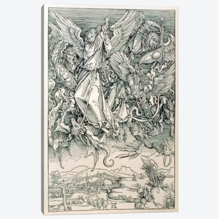 St. Michael Battling With The Dragon (Illustration From The Apocalypse) Canvas Print #BMN6586} by Albrecht Dürer Canvas Art Print