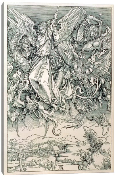 St. Michael Battling With The Dragon (Illustration From The Apocalypse) Canvas Art Print - Albrecht Durer