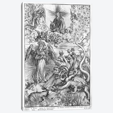 The Woman Clothed With The Sun And The Seven-Headed Dragon (Illustration From The Apocalypse - Latin Edition) Canvas Print #BMN6604} by Albrecht Dürer Canvas Wall Art
