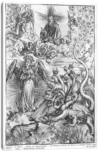 The Woman Clothed With The Sun And The Seven-Headed Dragon (Illustration From The Apocalypse - Latin Edition) Canvas Art Print - Albrecht Durer