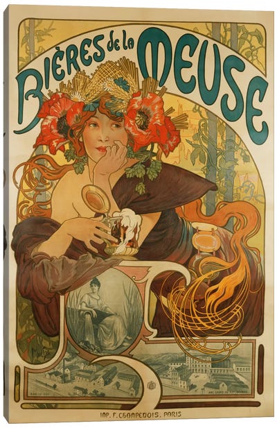 Bieres de La Meuse (Meuse Beer) Advertisement, 1897 Canvas Art Print - Orange & Teal