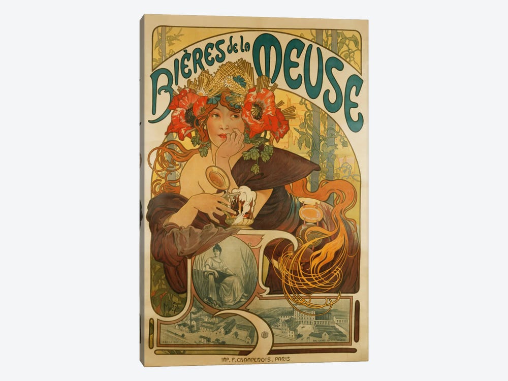 Bieres de La Meuse (Meuse Beer) Advertisement, 1897 by Alphonse Mucha 1-piece Canvas Artwork