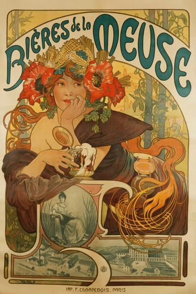 Advertisements: Bieres de La Meuse (Meuse Beer) Advertisement, 1897 by Alphonse Mucha